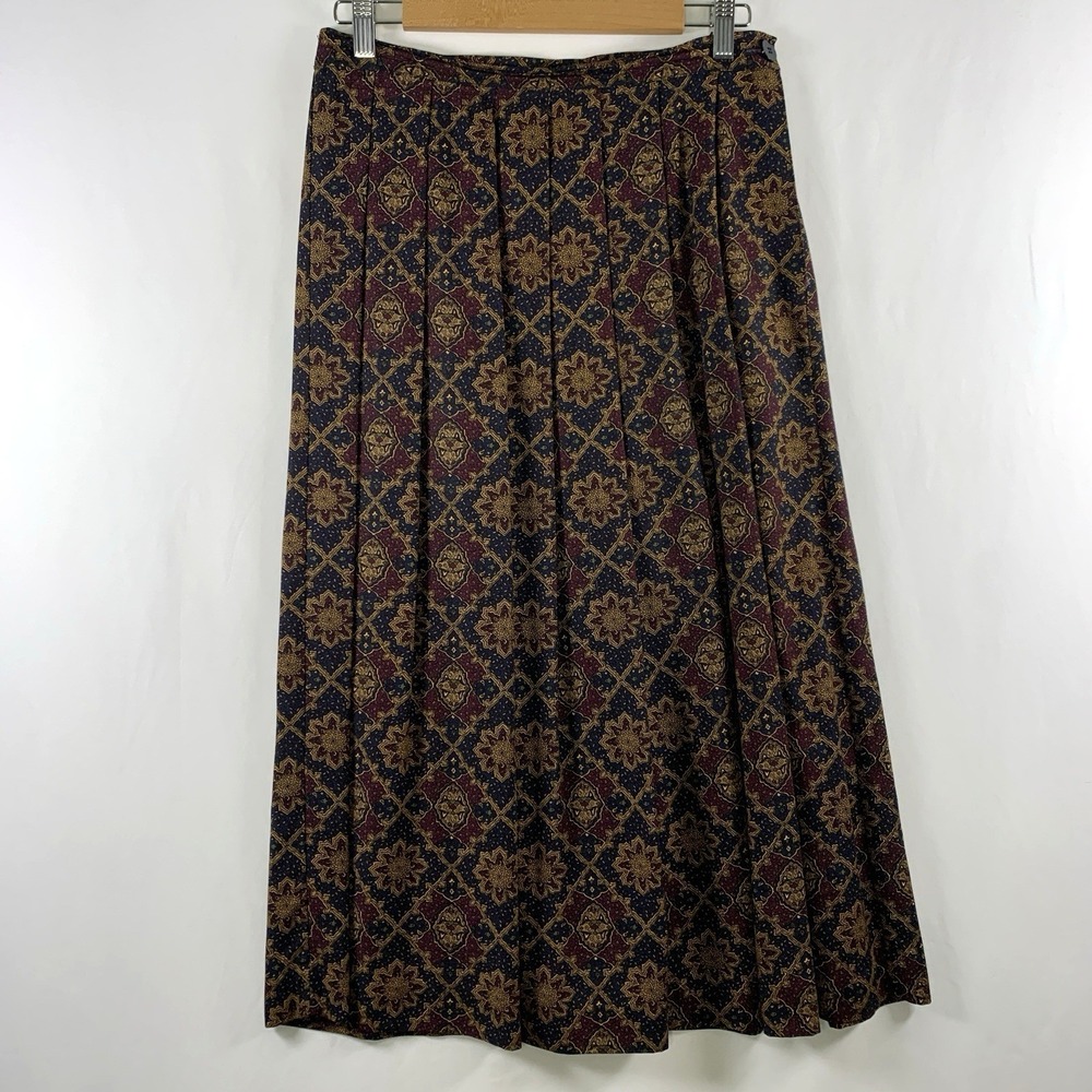 VTG Womens Paisley Pleated Midi Skirt Sz M Petite Academia Artsy Boho Rayon USA